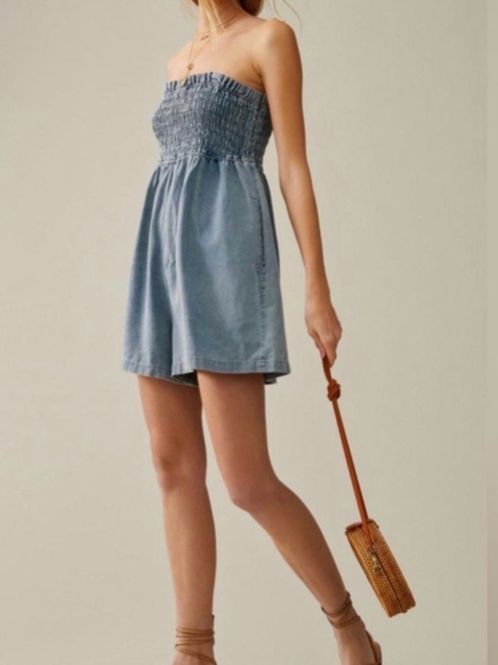Anthropologie Light Blue Strapless Smocked Denim Romper